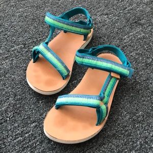 Teal and green Teva sandals